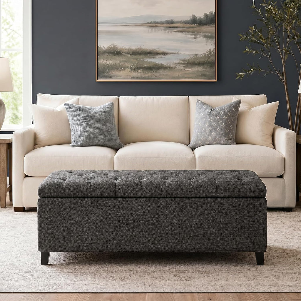 49" Upholstered Storage Bench, Button Tufted End of Bed Bench with Storage, Dual Spring Soft-Close Lid, Bedroom Bench