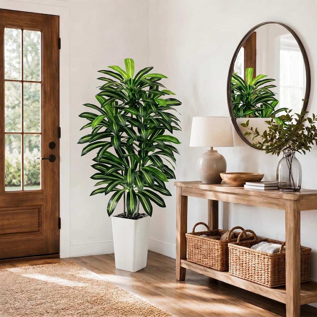 Artificial Dracaena Tree 5FT / White Planter, Tall Plants Indoor