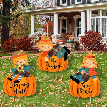 Fall Yard Signs Decorations Thanksgiving Pumpkin Yard Stakes Outdoor - Set of 3