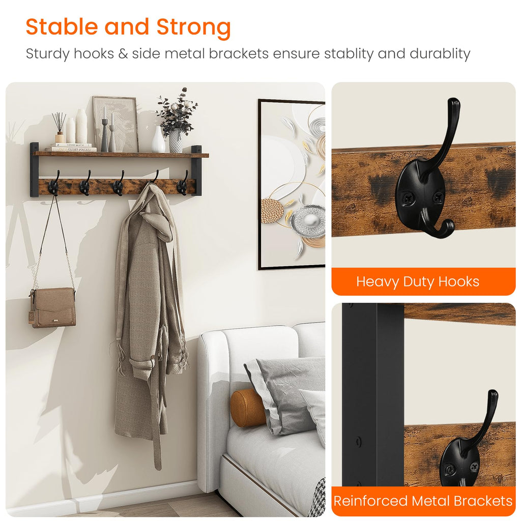 Coat Rack with Wall Mount, 24 Inch Long Entryway Wall Shelf with Hooks, Wood Hanger with Storage Shelf, Rustic Brown