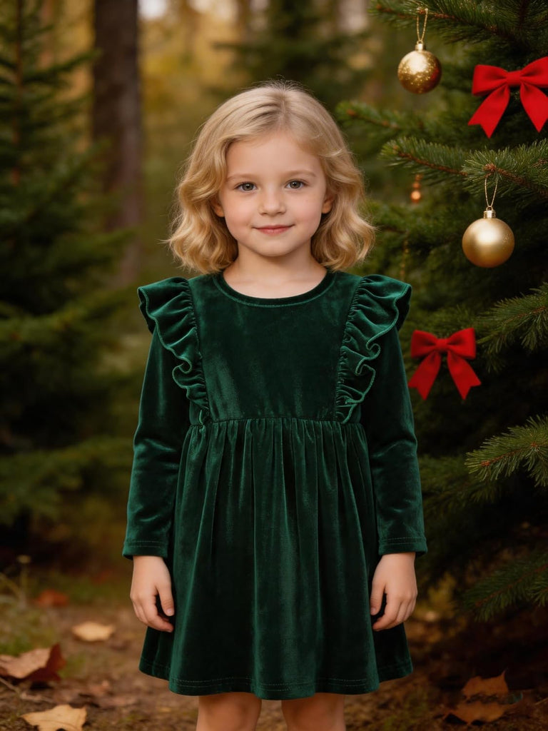 Velour Velvet Dress Long Sleeve Ruffle Party Dress Soft Stretch Fall Dress for Toddler Kids