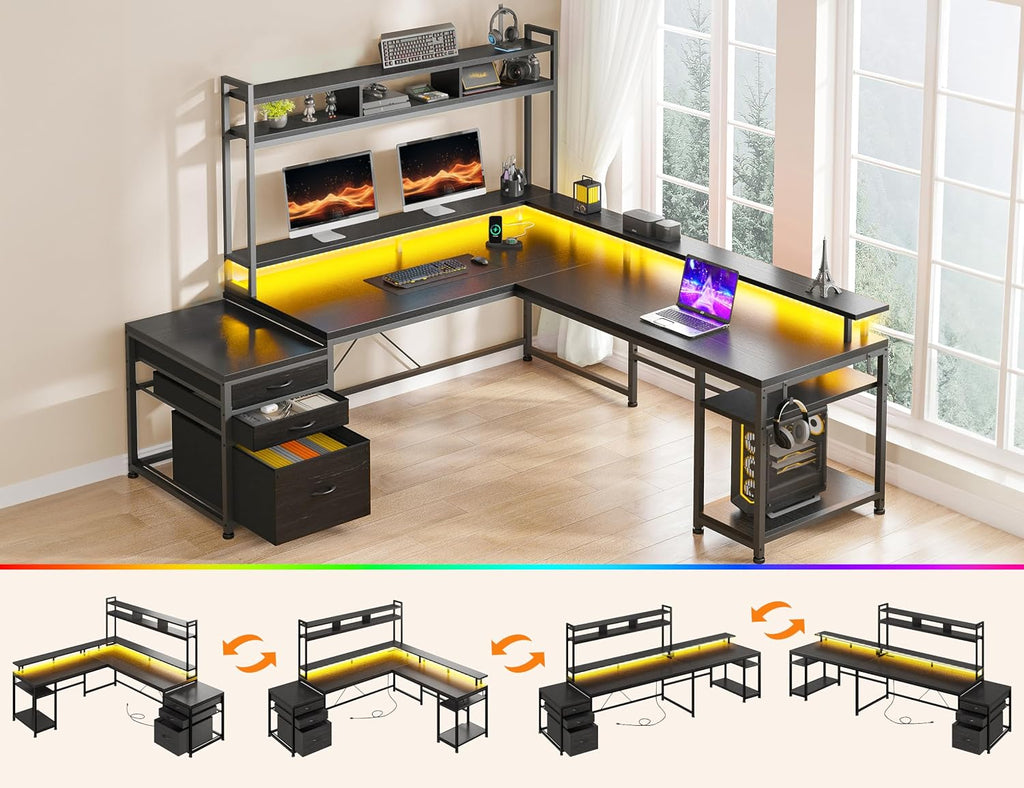 64x59 Inch Two Person L Shaped Gaming Desk with Shelf & LED Lights | 4-Layout with 4 AC+2 USB Charging Ports, Remote