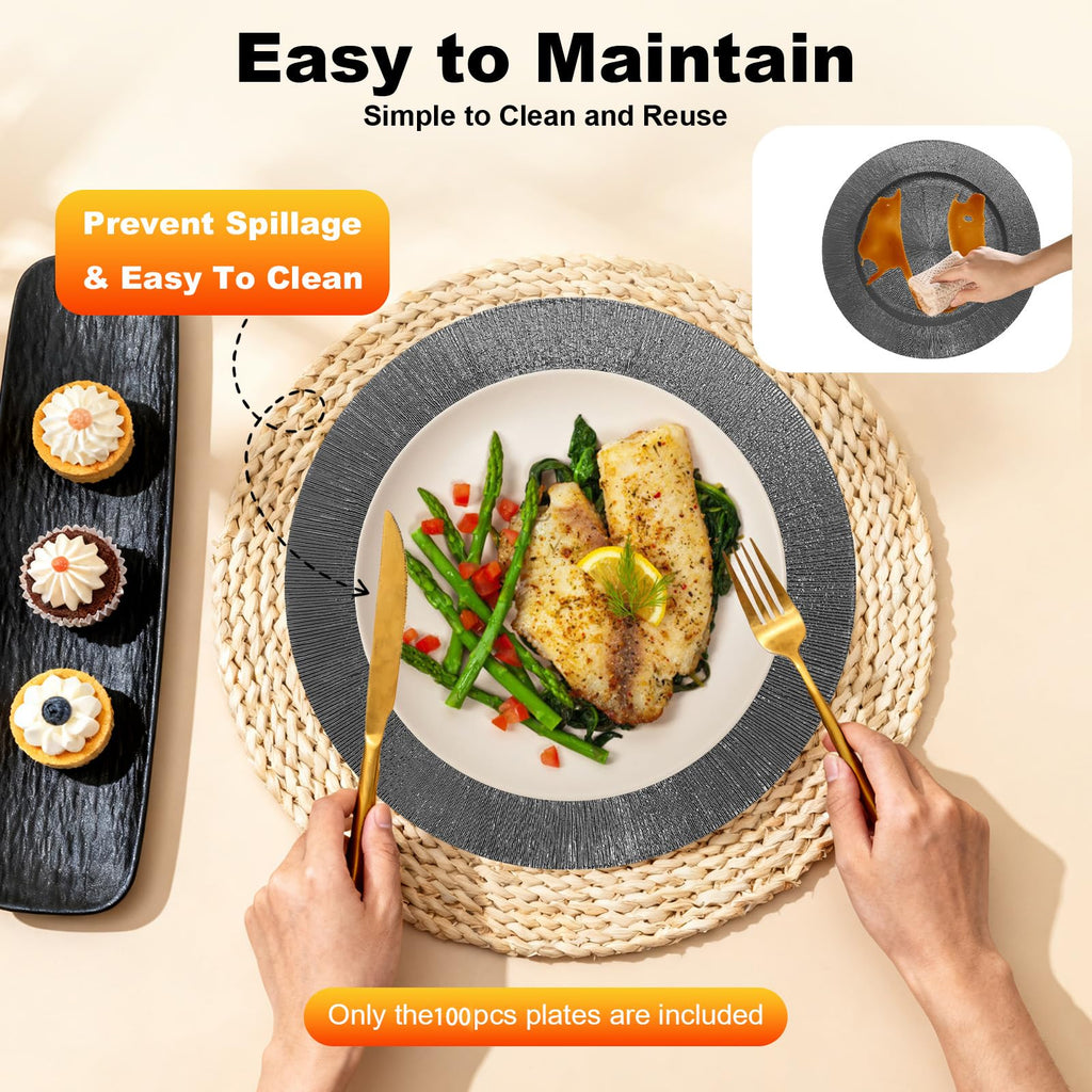 13 Inch Round Charger Plates Bulk 100 Pcs Black Elegant Serve Ware Charger Plates Matte Surface Reusable Plastic