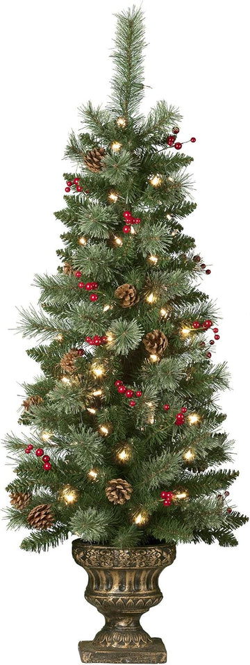 4 Foot Tall Pre-lit Carolina Potted Christmas Tree for Front Porch with 80 Soft White LED Lights on Auto Timer