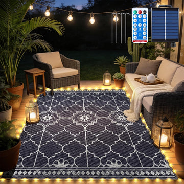 Outdoor Rug, Solar Powered Outdoor Rug with 94LEDs Strip Lights Deck, Waterproof Plastic Reversible Outdoor
