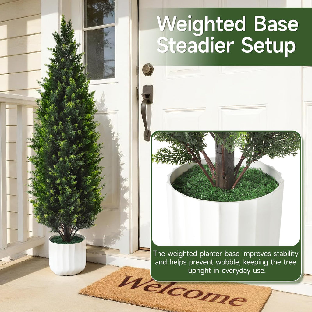 4FT Artificial Cedar Topiary Trees Set of 2 Detachable Planter & Spike, UV Resistant Outdoor and Indoor, Realistic Fake