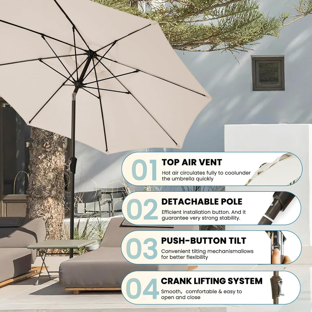9FT Large Outdoor Patio Umbrella Pool Market Umbrella-UV Resistant, Easy Push Button Tilt and Crank - Beige