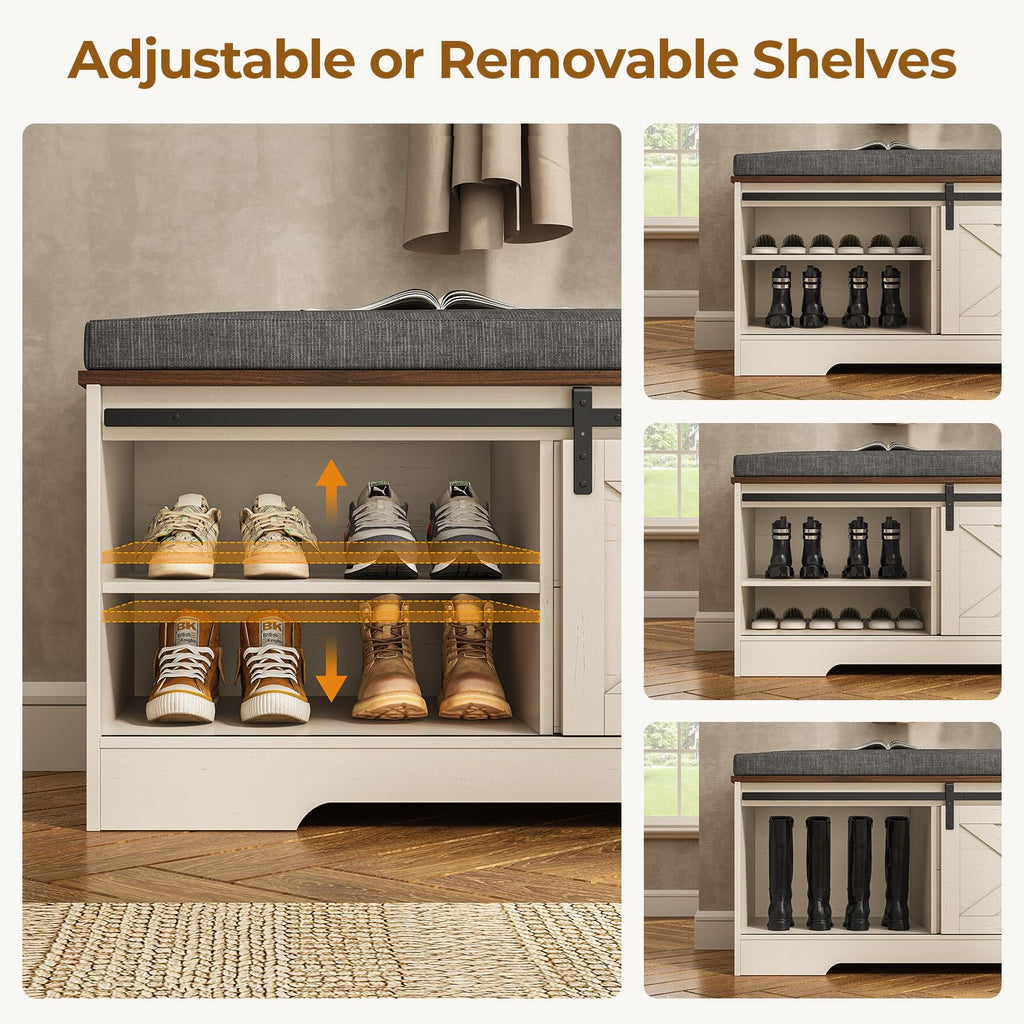 60" Farmhouse Storage Bench with Cushion, Shoe Rack with Slide Barn Doors, Adjustable Shelf and 2 Drawer for Entry