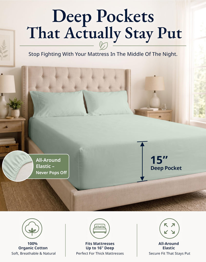 100% Organic Cotton Queen Fitted Sheet & Pillowcase - Cool Blue
