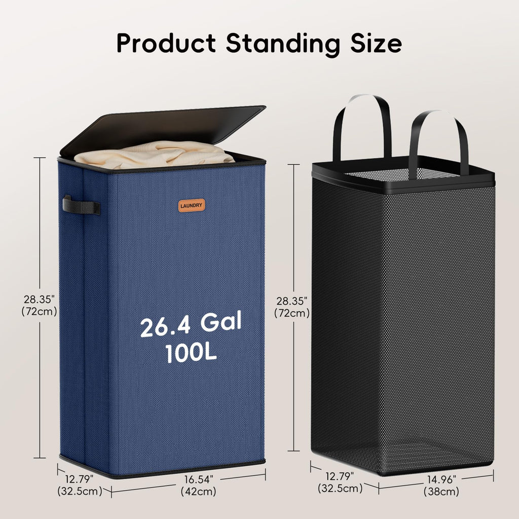 100L Laundry Basket with Lid, Dirty Clothes Hamper, Blue