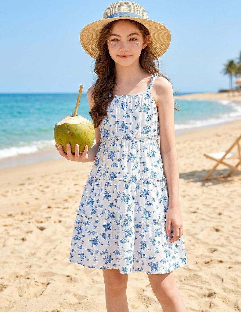 Girls' Summer Sundress Boho Spaghetti Strap Ruffled Tiered Dresses