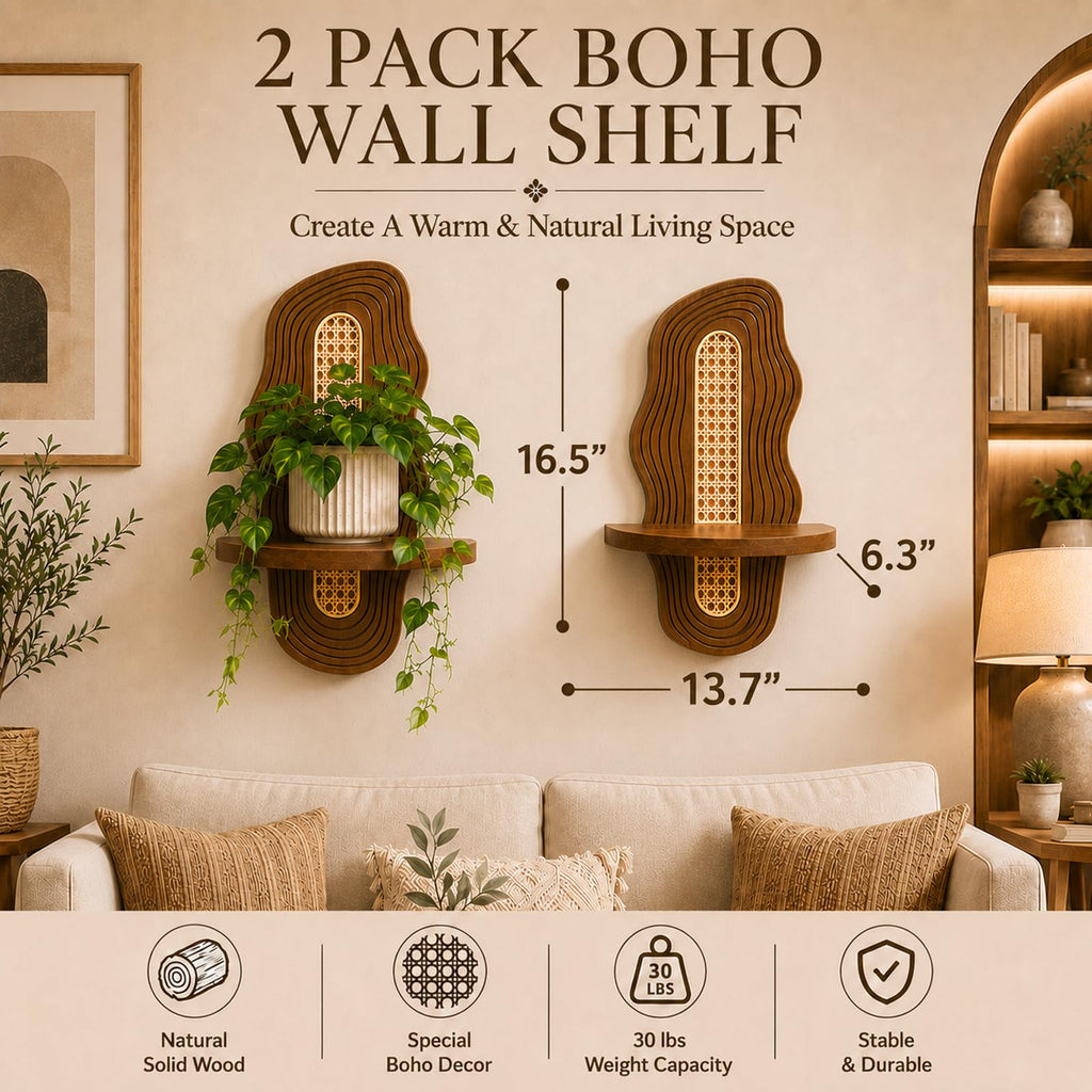 Boho Wall Decor Plant Shelves 2 Pack, Floating Shelves for Wall, Solid Pine