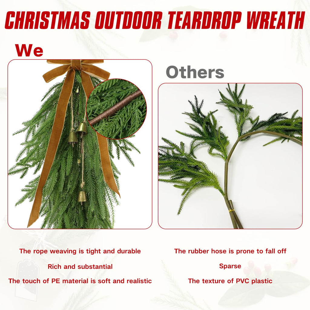 2 Pcs 27" Christmas Teardrop Swag/Artificial Norfolk Pine Teardrop Wreath .Yellow Velvet Bow & 6 Vintage Brass Bells