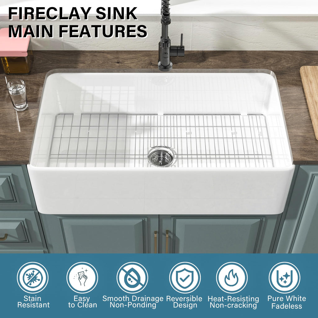 36" x 20" Fireclay Apron Front Farmhouse Sink White
