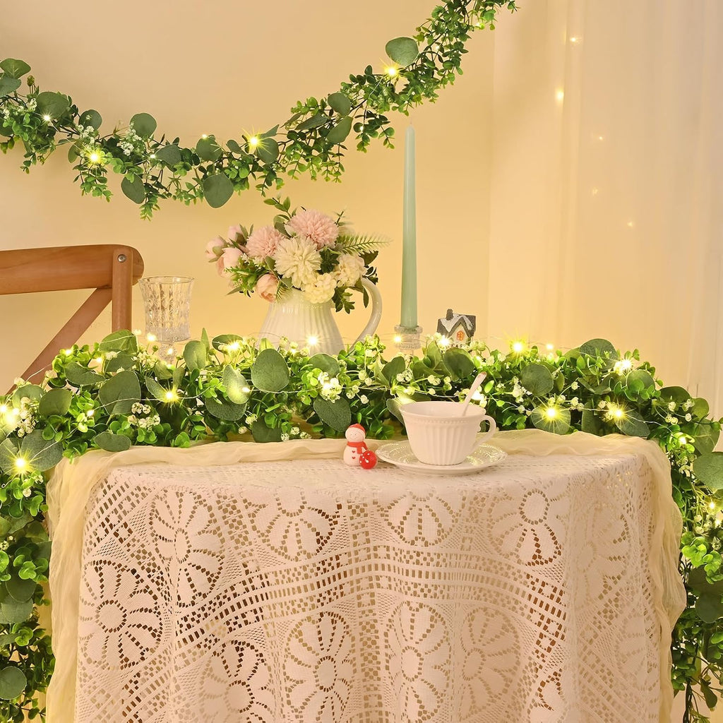 Eucalyptus Garland with Lights, Greenery Garland, Green Garland with Flowers, 5.9FT Artificial Faux Eucalyptus - Set of 4