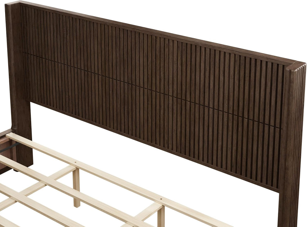 Retro Bed Frame with Tall Headboard, Mid Century Walnut Solid Wood Platform Beds Frames, 10 Strong