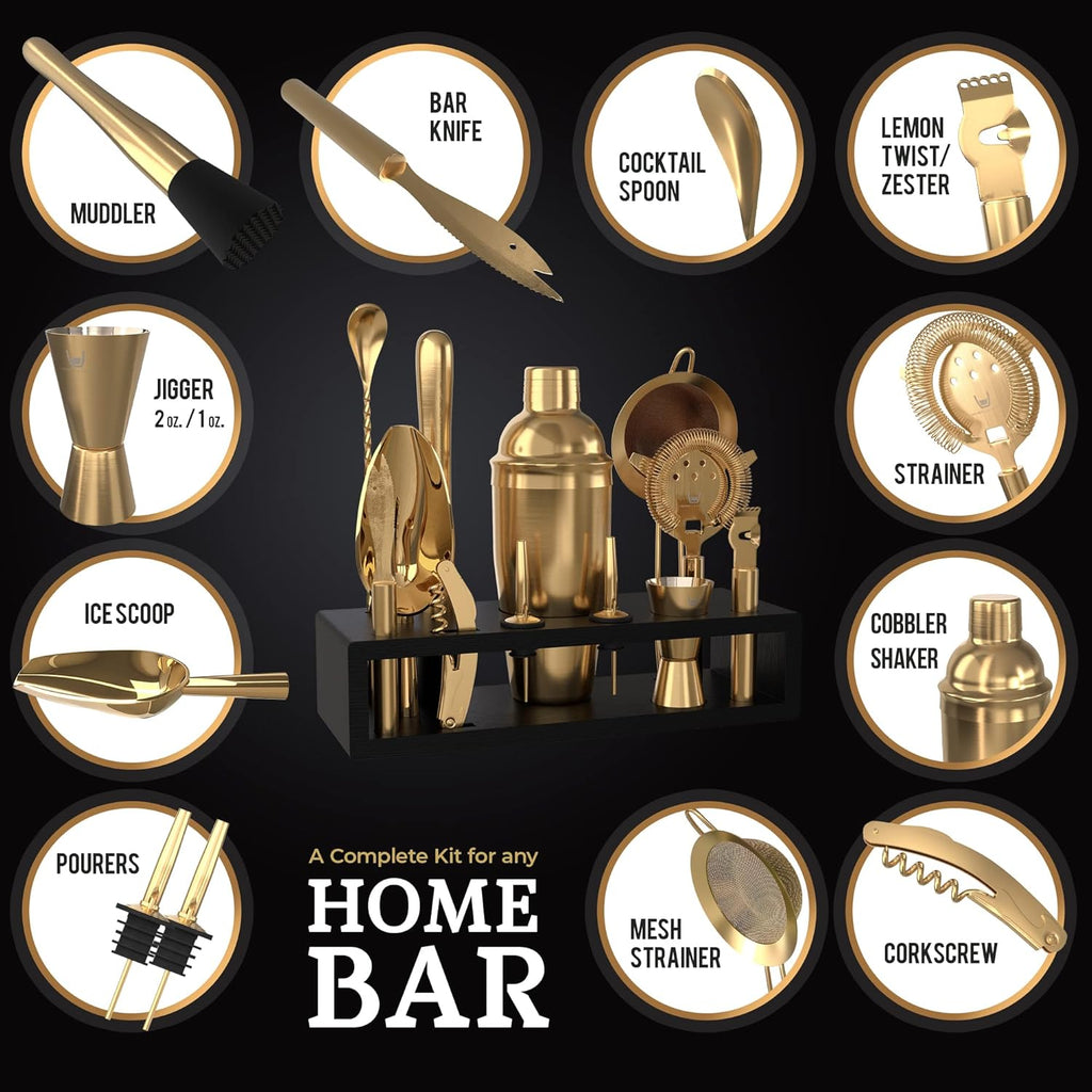Bartender Kit with Espresso Bamboo Stand. Beautiful Cobbler Cocktail Shaker Set with Bar Tools Rustproof Stainless - Set of 13