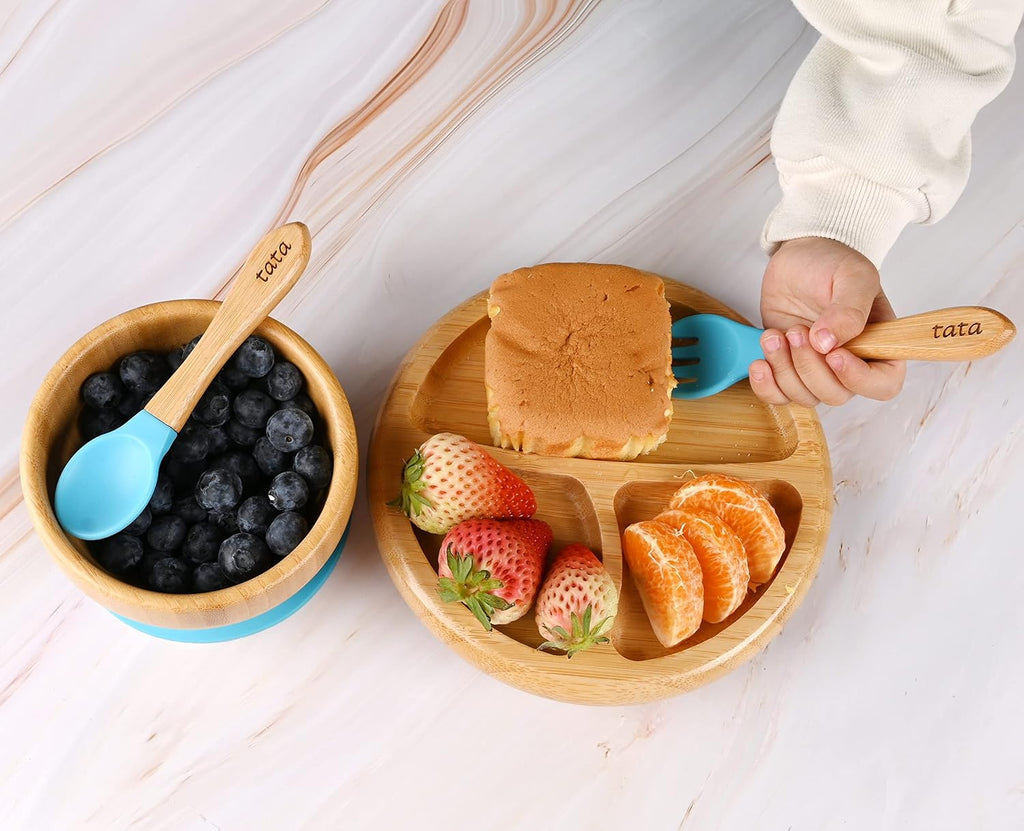 Bamboo Suction Plate & Bowl with Fork and 2 Spoons | Divided Wooden Feeding Dish for Toddlers | BPA-Free Baby Led