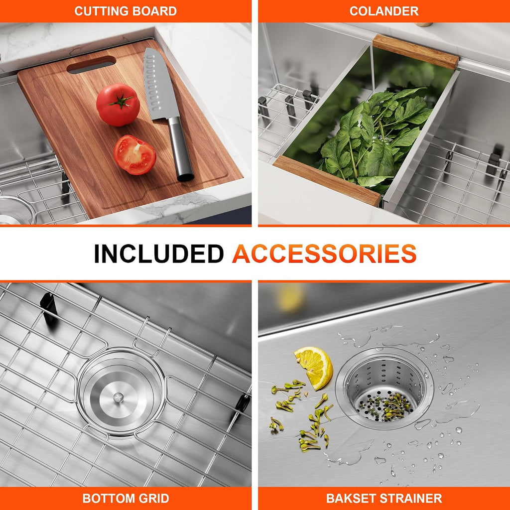 32 Inch Undermount Workstation Double Bowl Handmade Kitchen Sink | 304 Stainless Steel, 16 Gauge Thickness, Ledge for