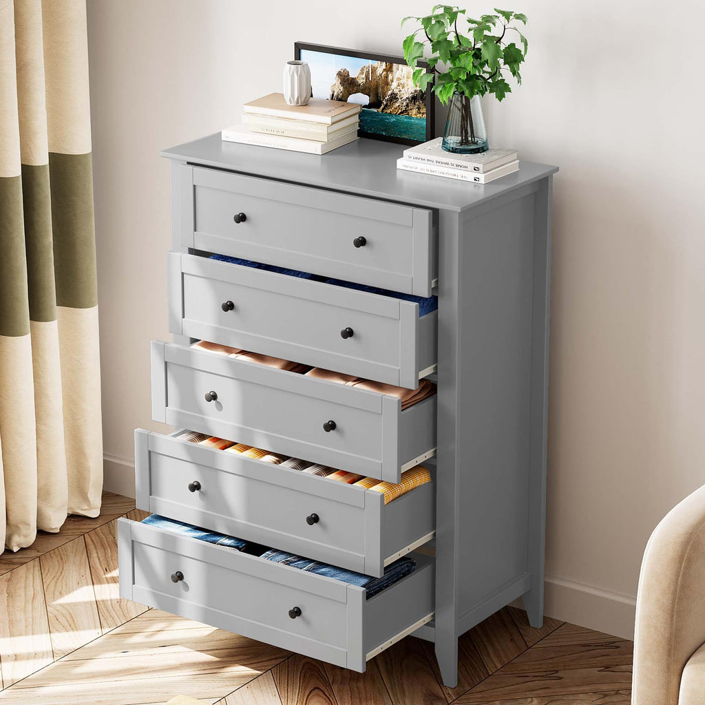 5 Drawer Dresser, Modern Tall Chest of Drawers with Metal Knobs, Wooden Clothes Storage Organizer for Closet