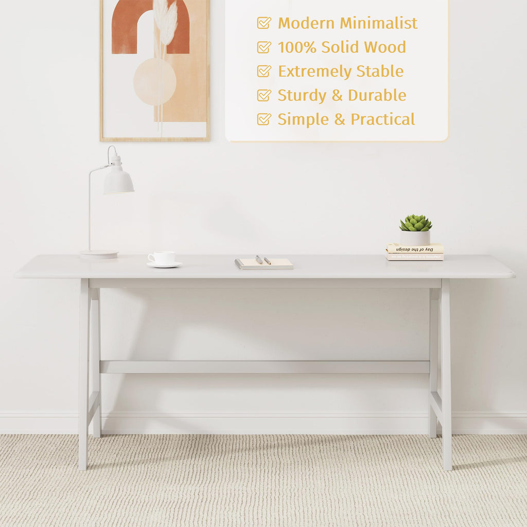 Solid Wood Writing Table - 72" W Minimalist Long Computer Desk, White