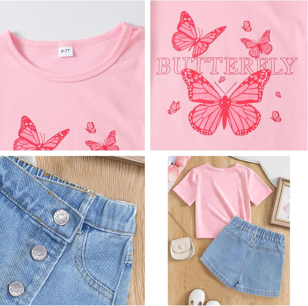 Girls Clothes 2PCS Butterfly Print Short Sleeve T-Shirt Denim Skirt Shorts Set Teen Tween Girls Summer Outfits Set