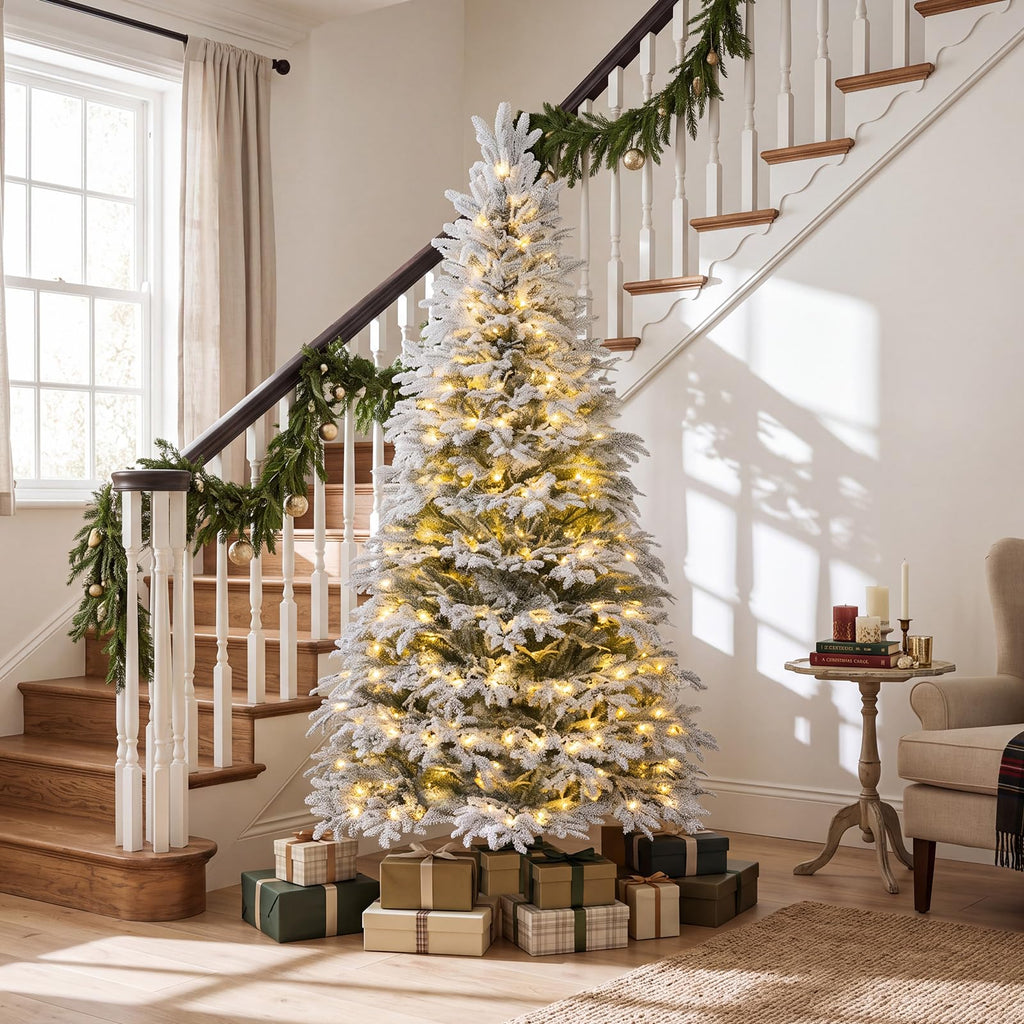 6 FT Artificial Christmas Tree, Hinged, Pre-Lit & Snow-Flocked