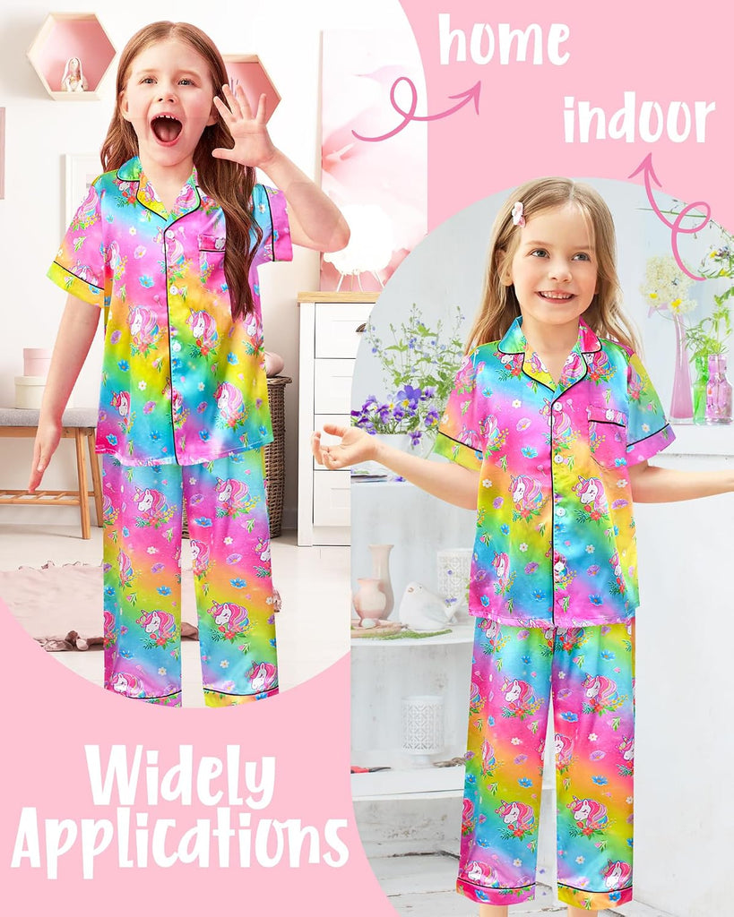 Girls Satin Pajamas Silk PJS Set Rainbow Unicorn Sleepwear Short Sleeve Long Pants Jammies for Toddler Kids