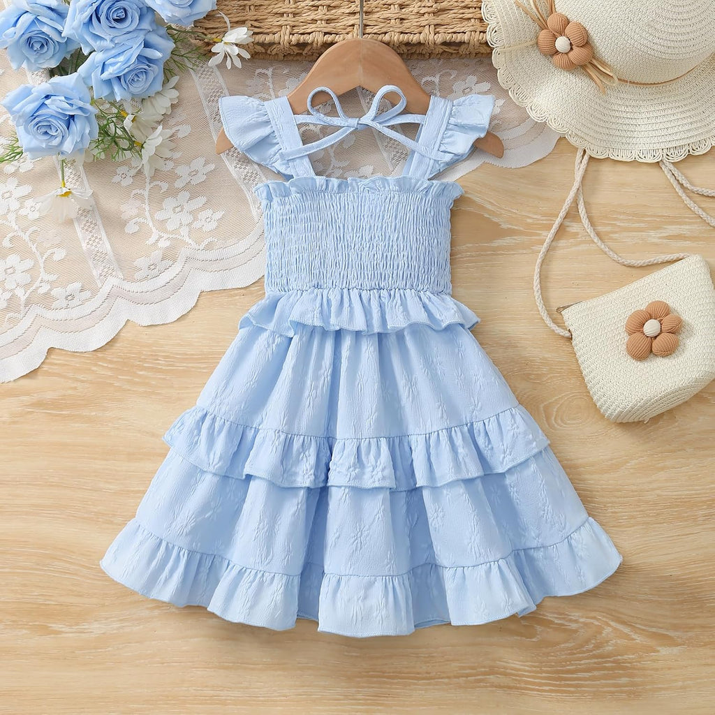 Toddler Girls Summer Smocked Dress Flutter Sleeve Tiered Ruffle Sundress