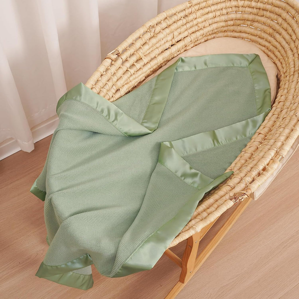 Cotton Baby Blanket with Satin Trim, Light Green, 31.5x40 inches
