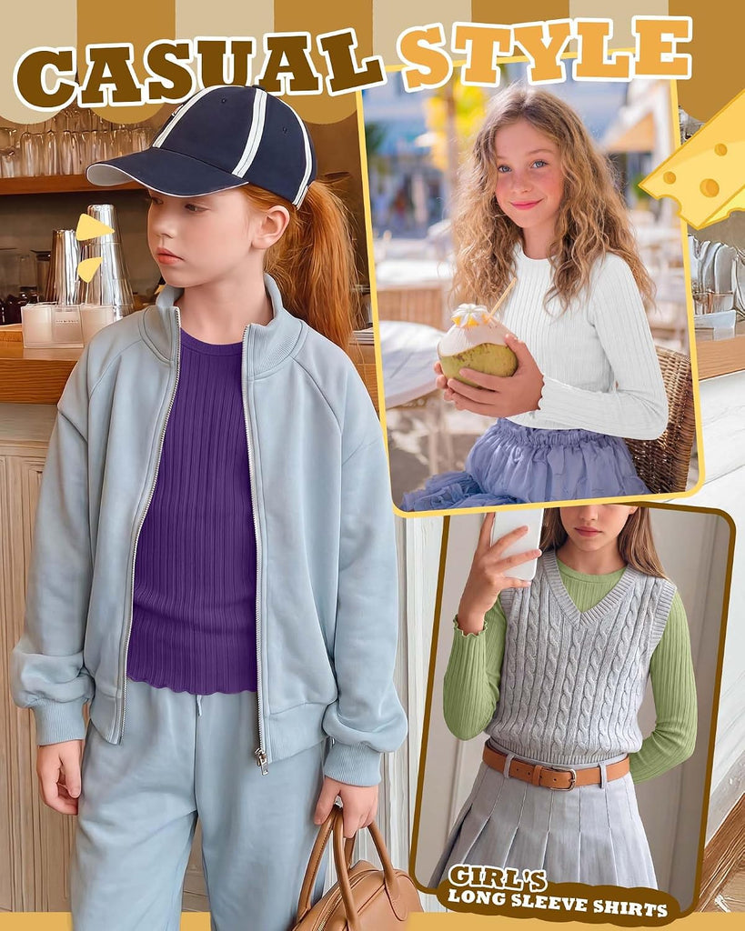 4 Pack Girls Long Sleeve Shirts Kid Cotton Ribbed Top