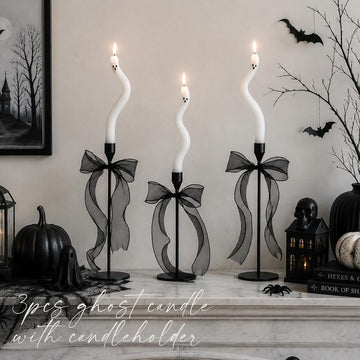 Halloween Decorations indoor- Twisting Ghost Candles Decor with Candle Holders,Ribbons,Vintage Candlestick - Set of 3