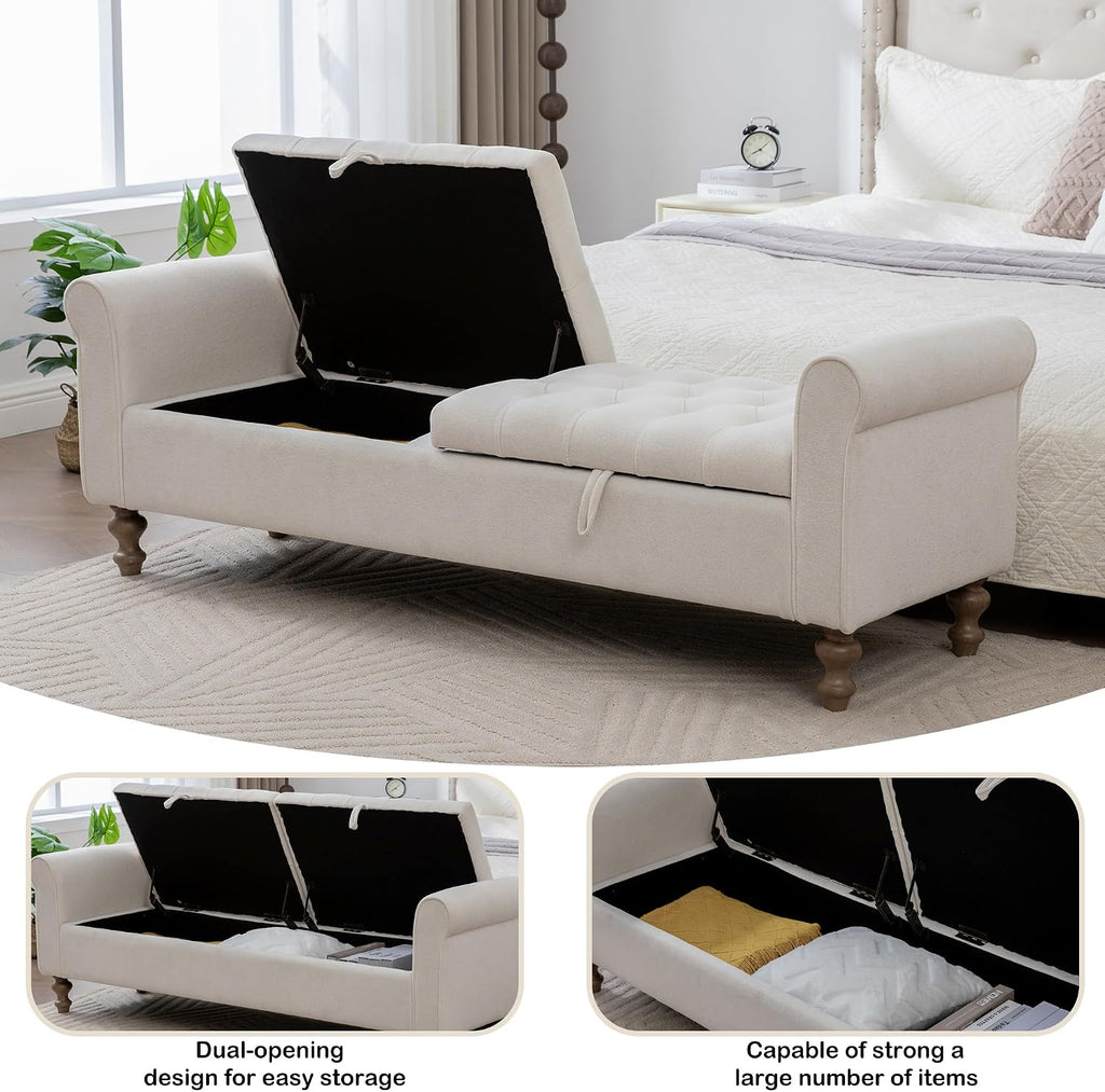 66" End of Bed Storage Bench King Size Beige,Napped Fabric Window Bench with Dual-Opening Compartments,Long Tufted