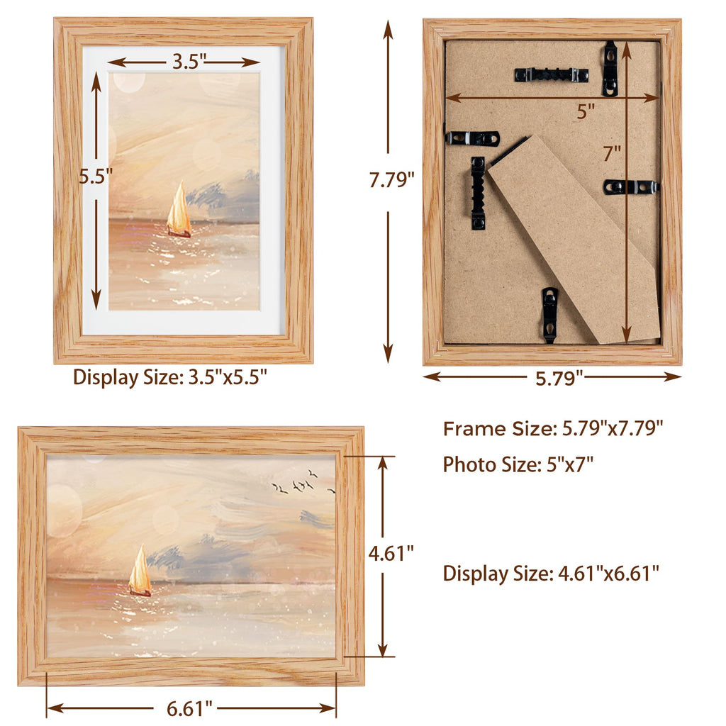 5x7 Picture Frame, Solid Oak Wood 5 x 7 Frame with Plexiglass, 5 by 7 Photo Frame for Wall & Tabletop Display, 5x7