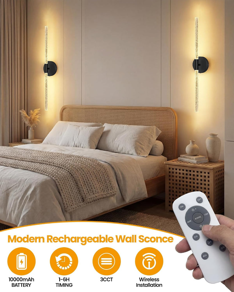 Crystal-Inspired Bubble Battery Operated Wall Sconce Set of 2, 10000mAh 3 Color Temps Rechargeable Wall Lights with