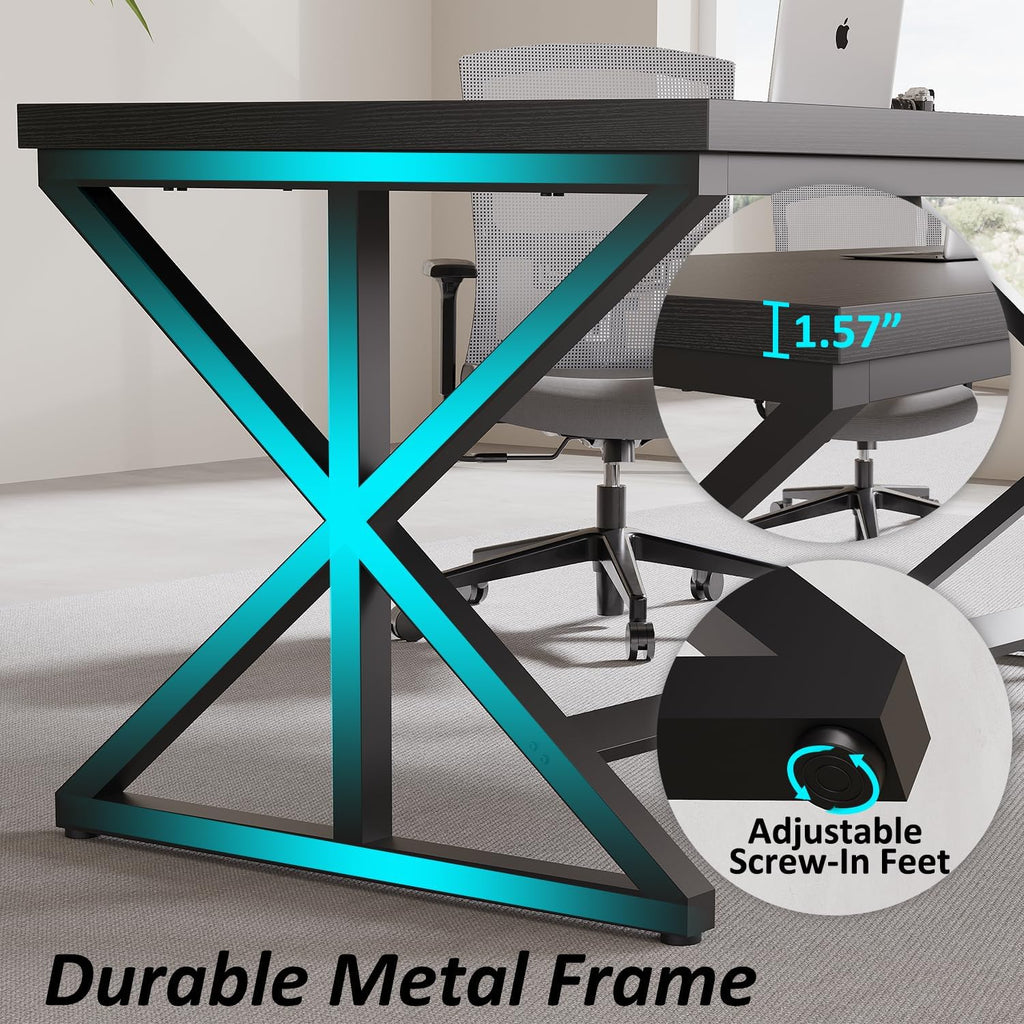 Modern Black Computer Desk, Long Home Office Desk for Study 60 Inch | Large Simple Wood Metal Work Writing Desk , Oak
