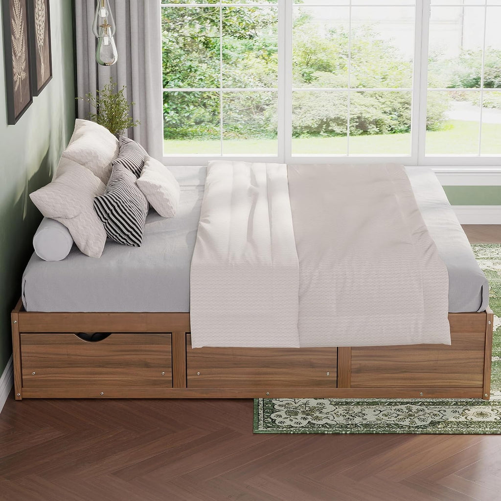 Japanese King Wood Bed Frame with 6 Storage Drawers