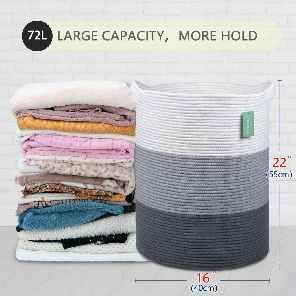 Cotton Rope Blanket Basket, 72L Tall Laundry Hamper, White & Gray