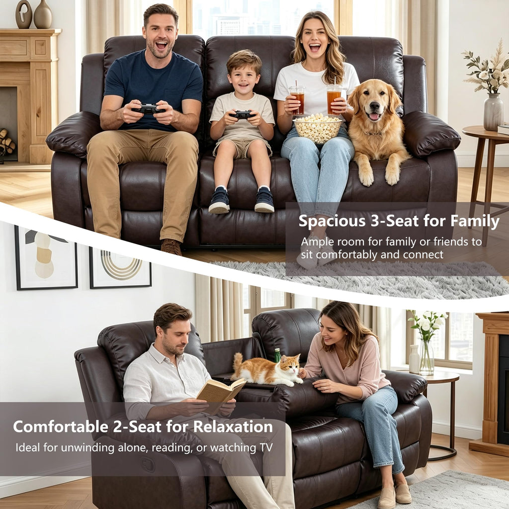 Leather Recliner Sofa Set, 2-Pieces (Sofa and Loveseat), Brown