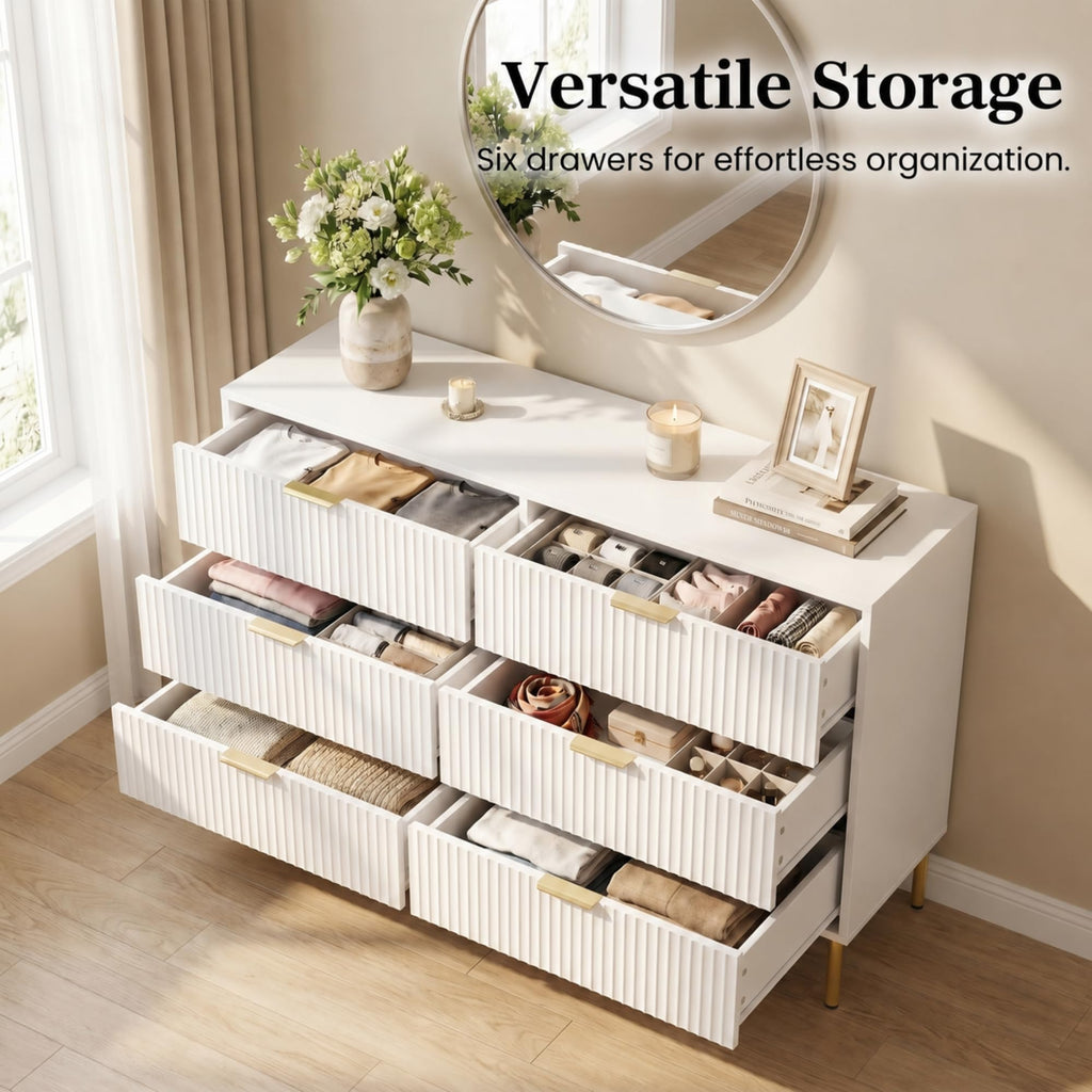 White and Gold 3-Piece Fluted Dresser and Nightstand Set