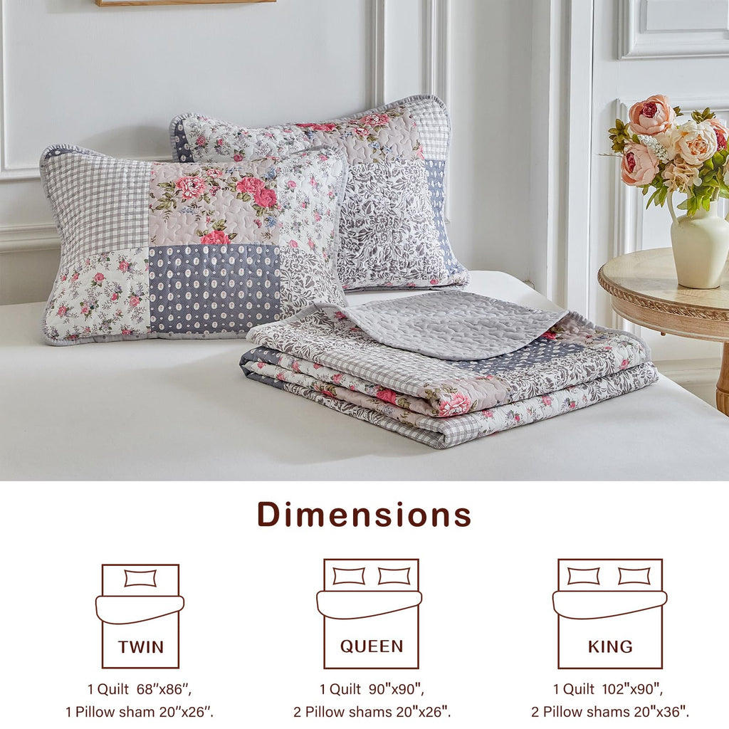Floral Cotton Quilt Set, Neutral Flowers Grid Patchwork Design, 2 Pieces Quilt Bedding Set, Farmhouse