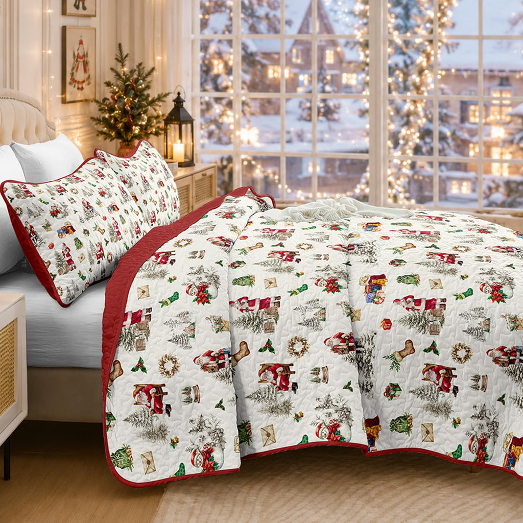 Christmas King Quilt Set, Red Xmas Holiday Bedding