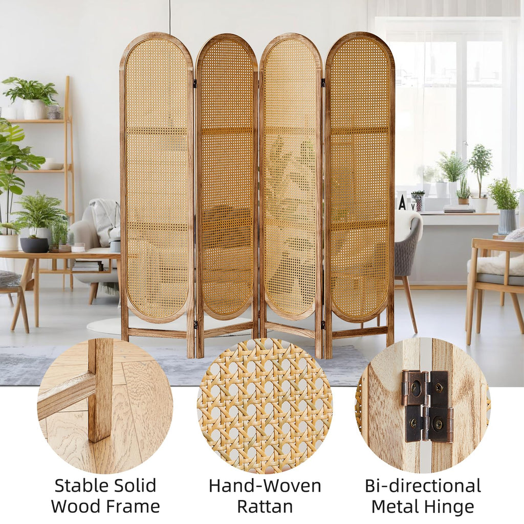 4 Panel Rattan Room Divider, Folding Room Divider Screen, Natural