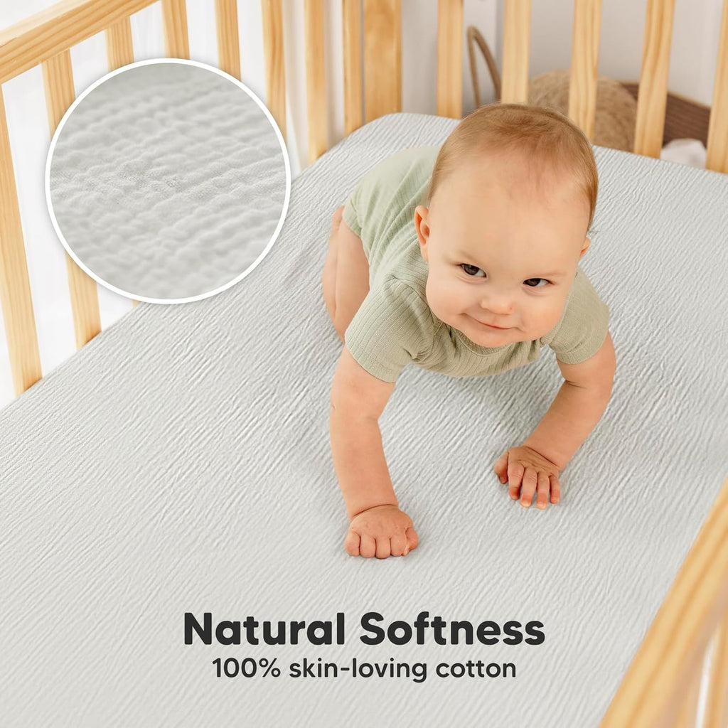 2-Pack Muslin Crib Sheets for Boy, Girl, 52x28 Fitted (Greige) | 100% Organic Cotton Fitted Baby Crib Mattress Sheet