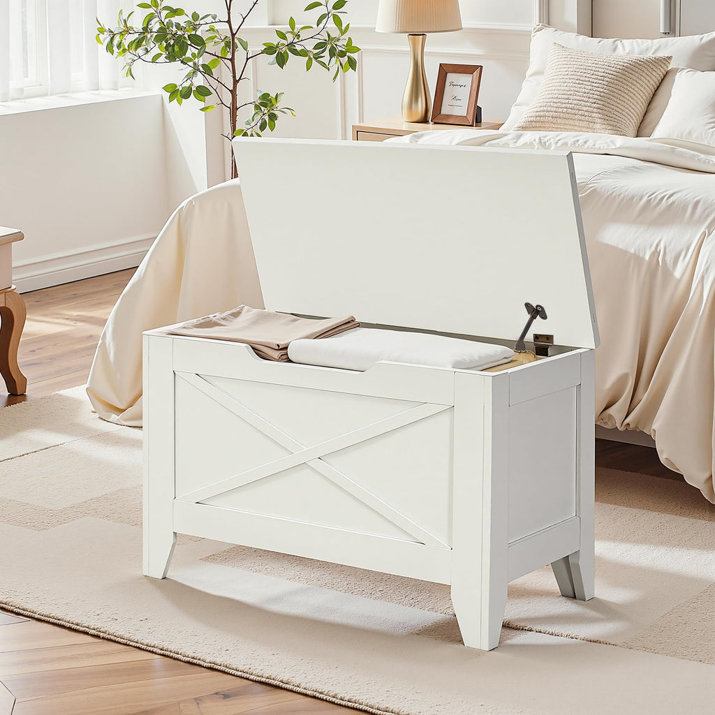 30" Storage Bench, Farmhouse Entryway Shoe Ottoman, White
