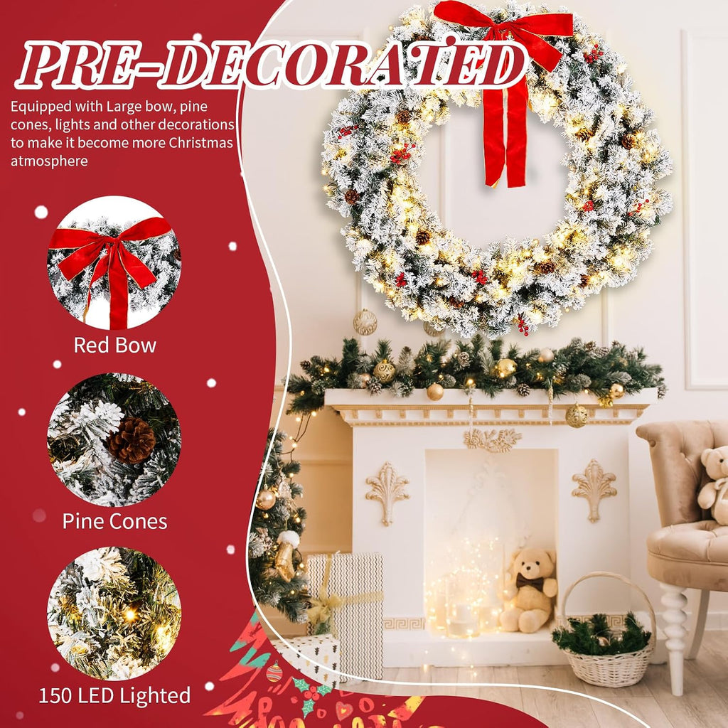 48 in Snow Flocked Christmas Wreath, 150 Warm White Lights
