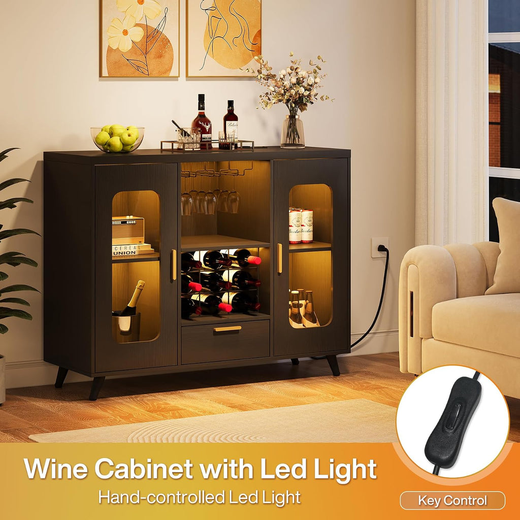 Bar Cabinet with Power Outlets, Modern Coffee Bar Sideboard with LED Light, Farmhouse Liquor Cabinet with Wine Rack