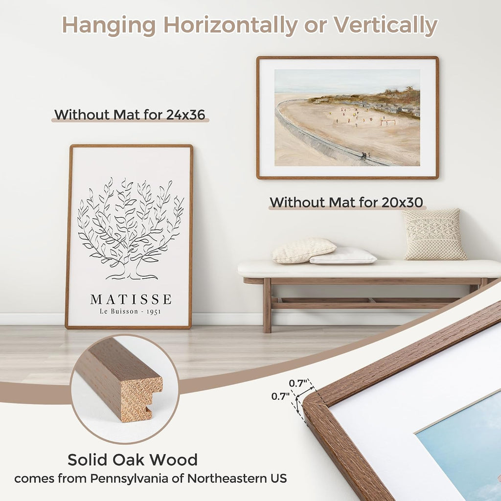 24x36 Poster Frame | Solid Oak Wood 24 x 36 Picture Frame | 24x36 Poster Frame With Mat For 20x30 | Tempered Glass