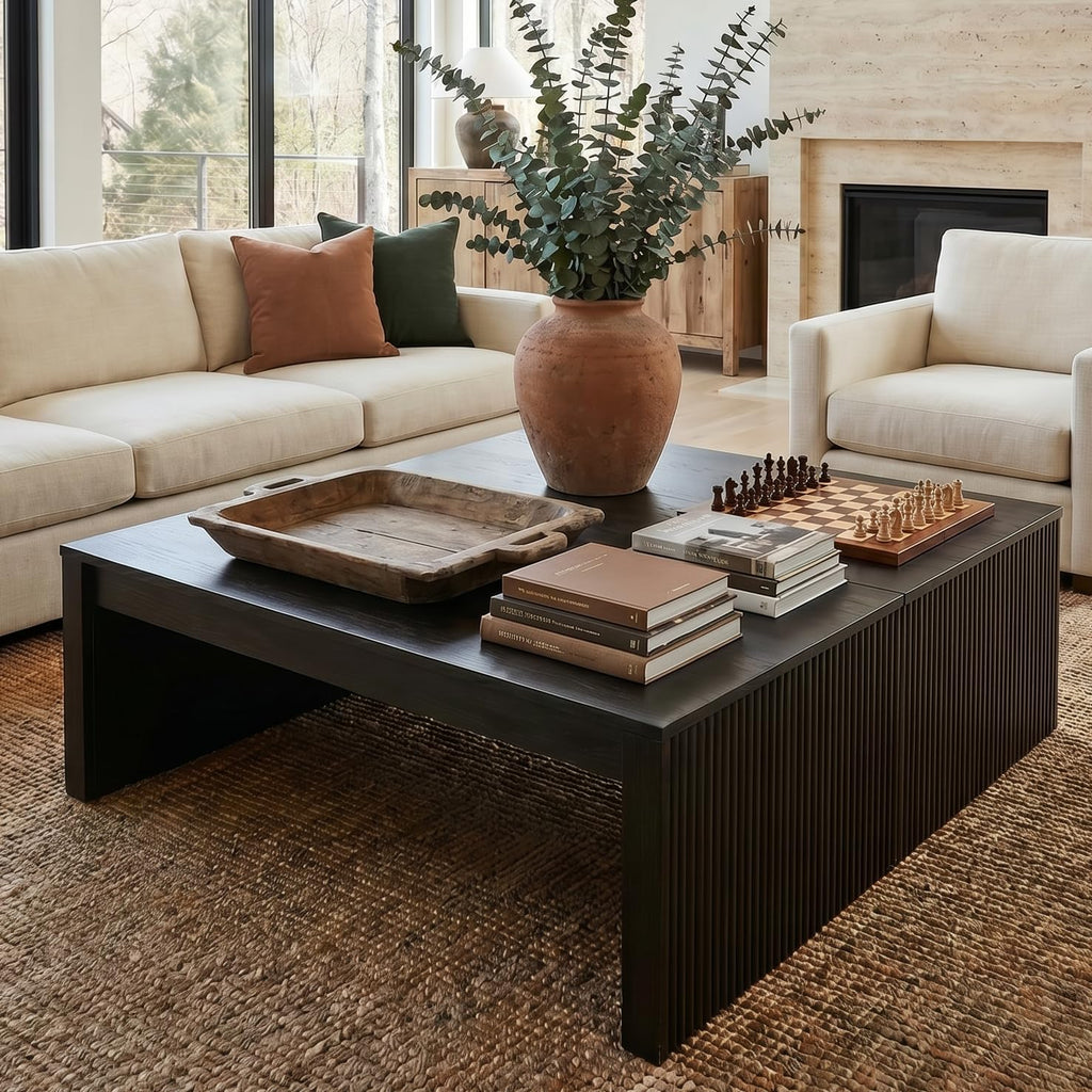 39.4" Square Fluted Coffee Table, Mid-Century Modern Black Center Table, Architectural Wood Cocktail Tea Tables