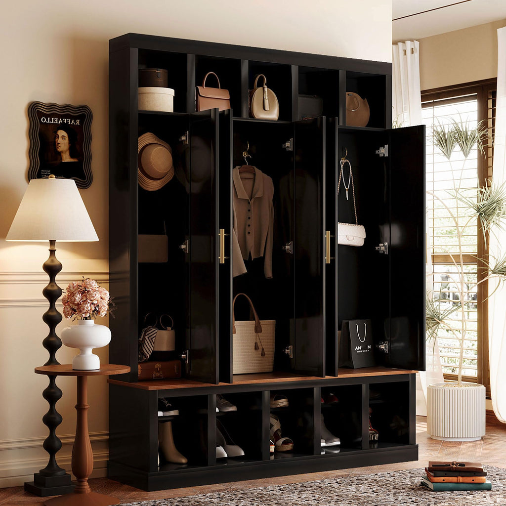 Hall Tree with Storage Cabinet, Shoe Rack and Display Cubbies